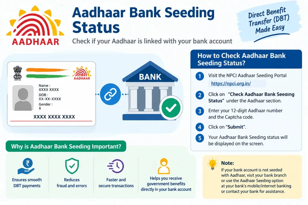Aadhaar Bank Seeding Status check guide showing an Aadhaar card linked to a bank account.