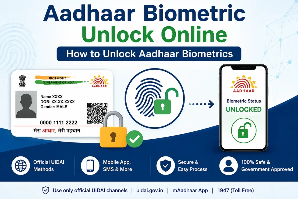 Aadhaar Biometric Unlock Online: How to Unlock Aadhaar Biometrics Aadhaar Biometric Unlock vs Aadhaar Verification comparison infographic