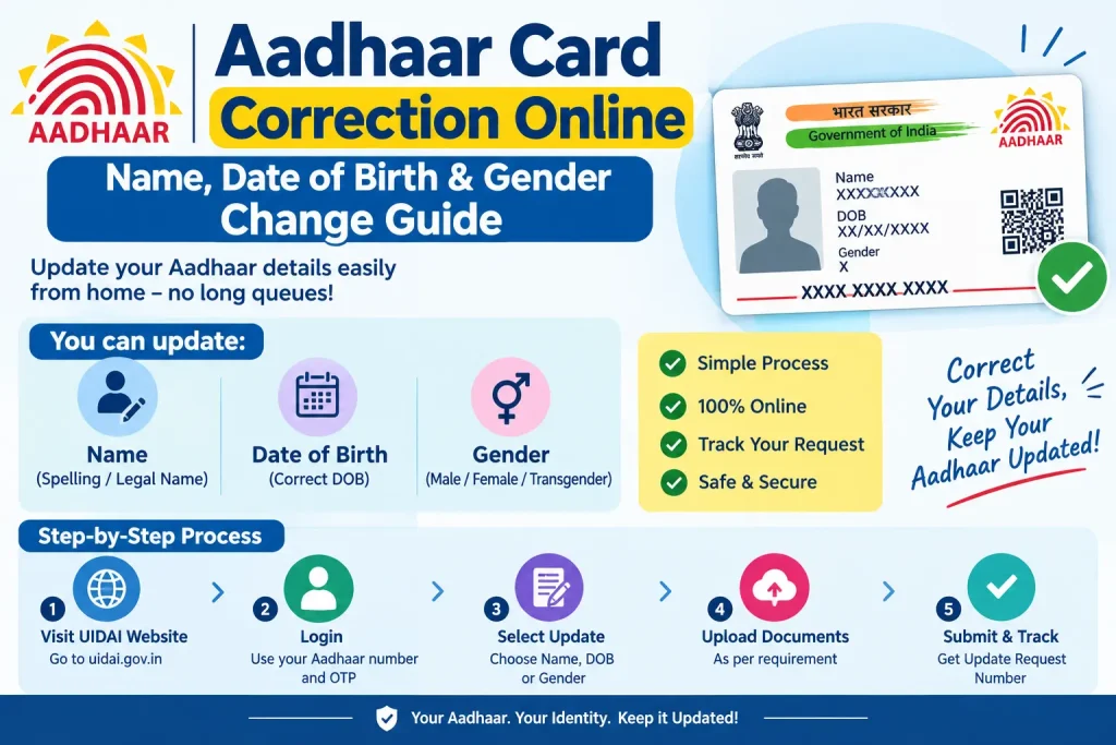 Aadhaar Card Correction Online: Name, Date of Birth & Gender Change Guide Aadhaar Card Correction Online – Name, Date of Birth and Gender Change Guide