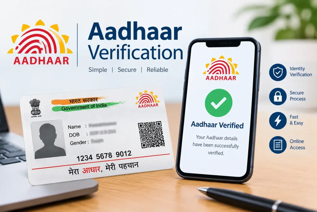 Aadhaar Verification: How to Check if an Aadhaar Is Genuine Aadhaar Verification showing an Aadhaar card and verified identity on a smartphone