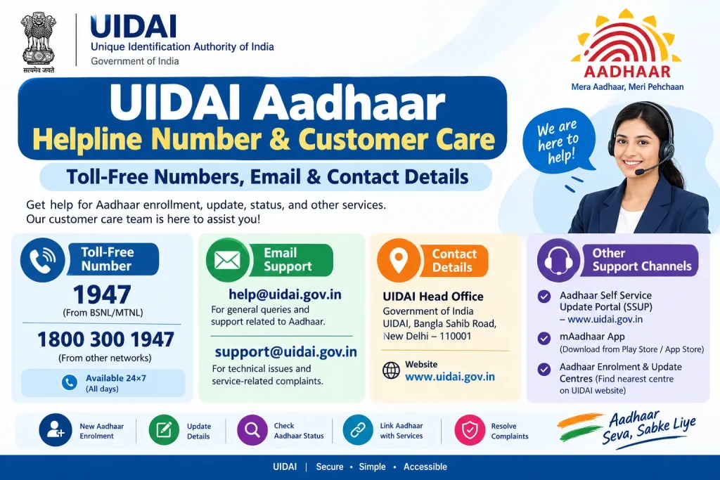 UIDAI Aadhaar Helpline and Customer Care contact details with toll-free, email, and support information