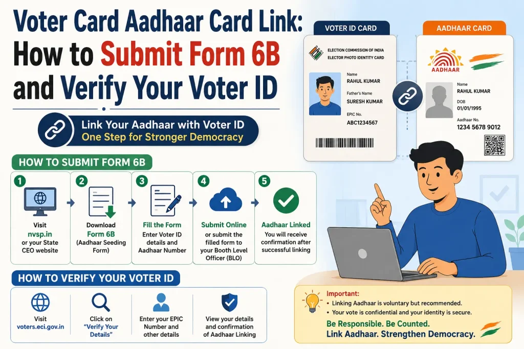 Voter Card Aadhaar Card Link: How to Submit Form 6B and Verify Your Voter ID Voter ID Aadhaar linking guide showing Form 6B submission and voter ID verification steps