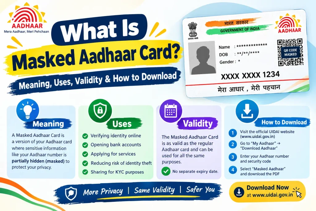What Is Masked Aadhaar Card? Meaning, Uses, Validity & How to Download Masked Aadhaar Card showing masked Aadhaar number, privacy features, uses, validity, and download information.