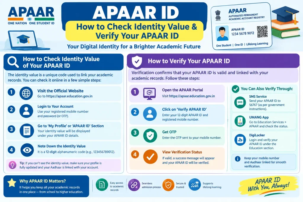 APAAR ID verification guide infographic showing the step-by-step process to verify a student’s APAAR ID online.