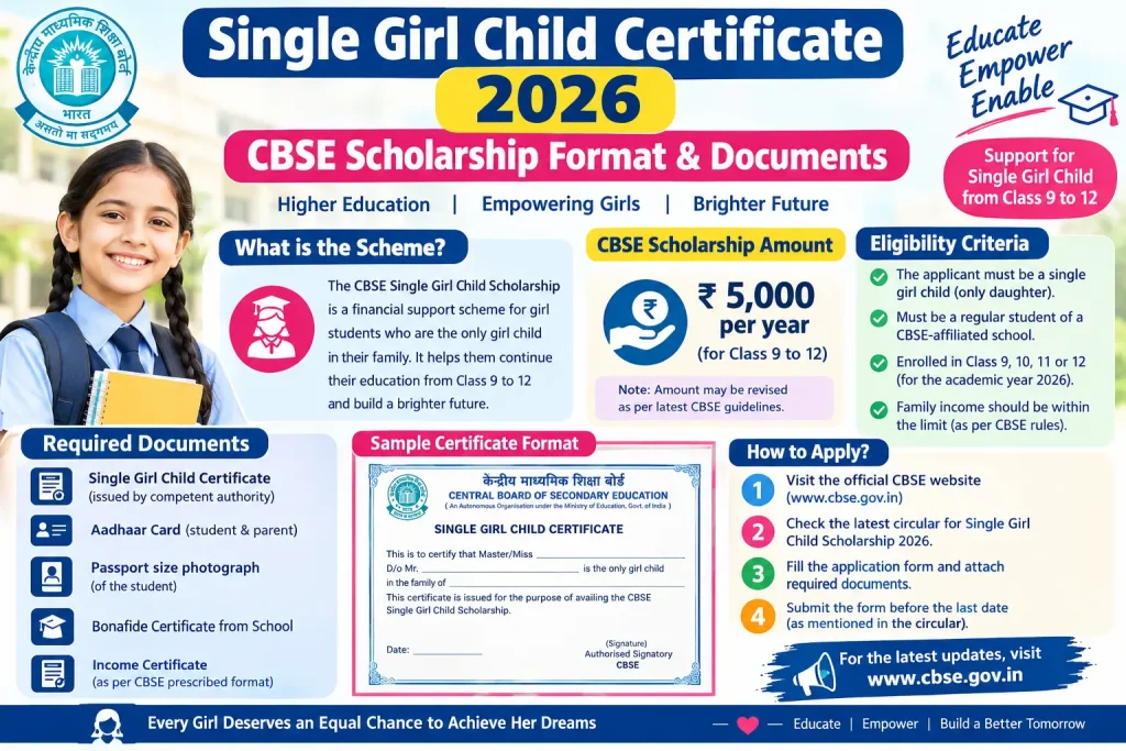 CBSE Single Girl Child Certificate 2026 infographic showing scholarship eligibility, required documents, certificate format, and application steps.