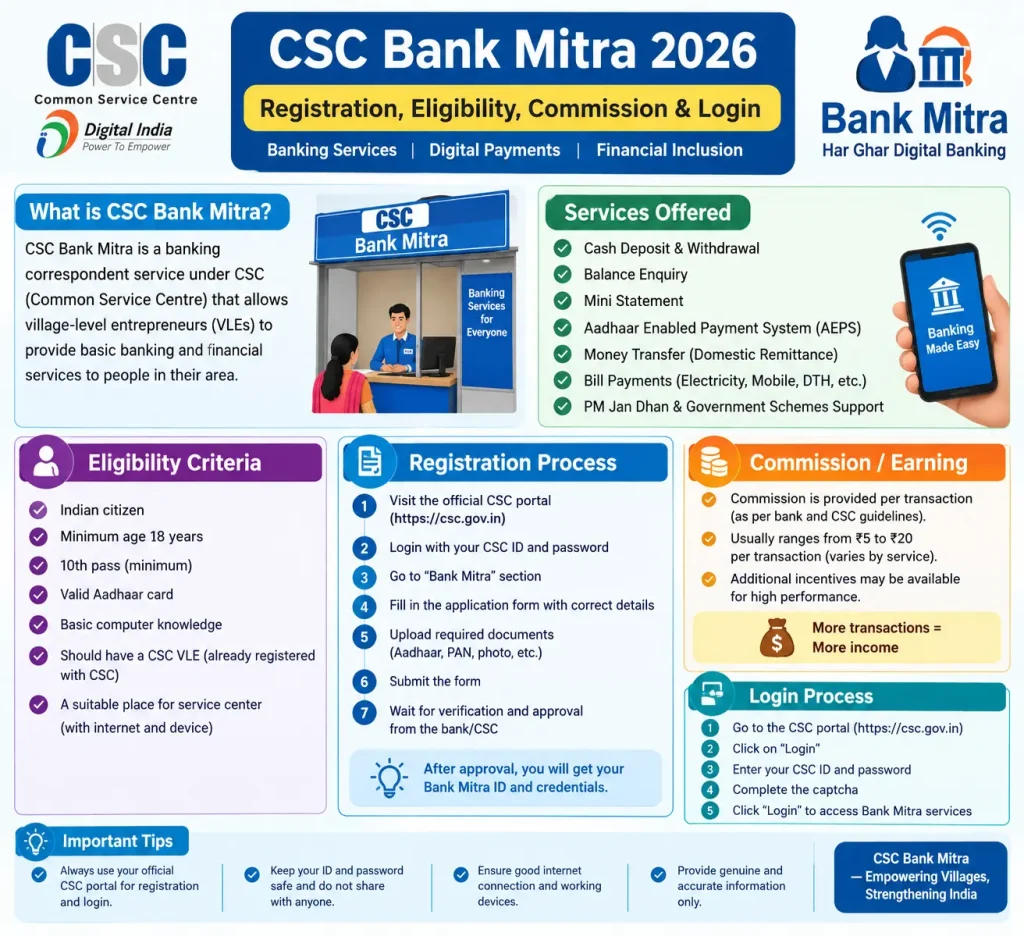 CSC Bank Mitra 2026 registration, eligibility, commission and login guide