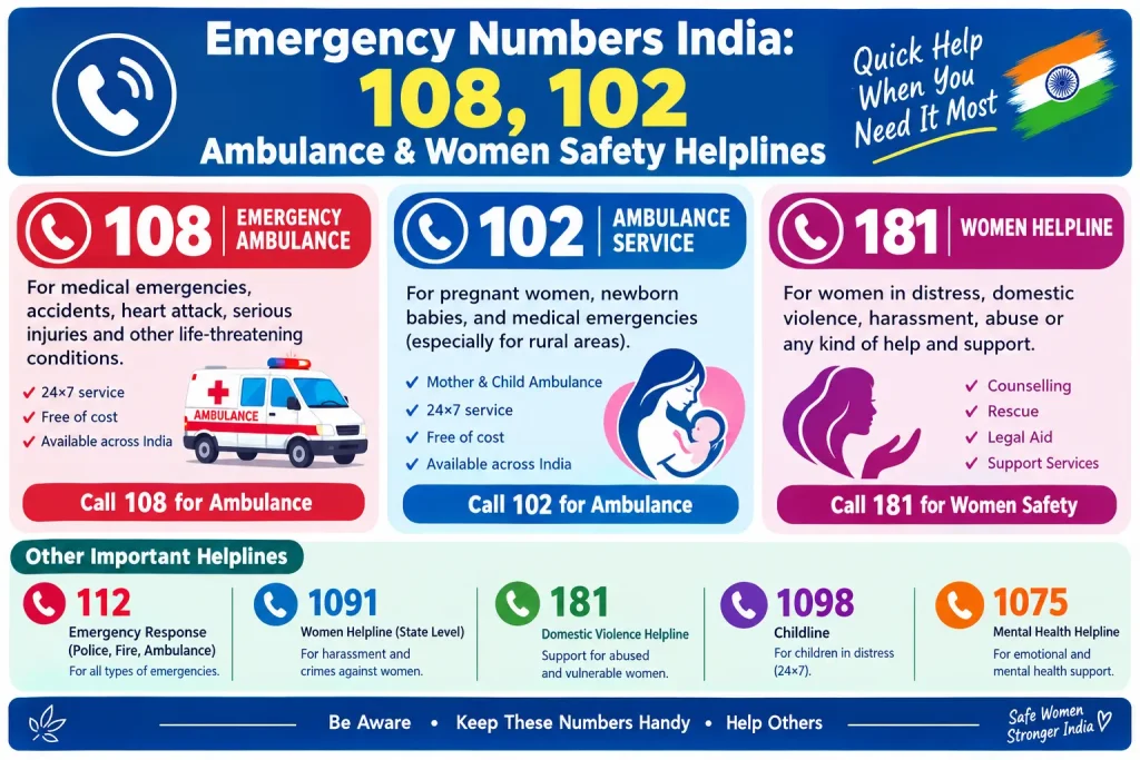 Emergency Numbers India 108 102 Ambulance and Women Safety Helplines