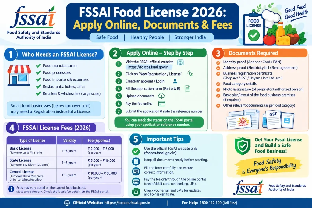 FSSAI Food License 2026 guide showing online application steps, required documents, license types, and fees