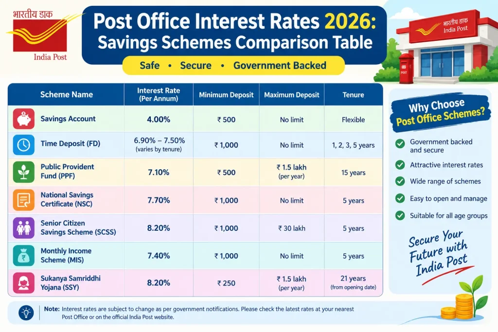 Post Office Interest Rates 2026 savings schemes comparison table