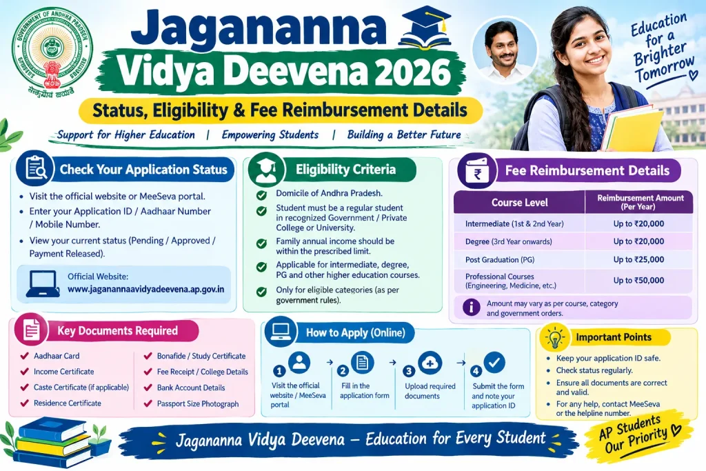 Jagananna Vidya Deevena 2026 scholarship infographic showing application status, eligibility and fee reimbursement details.