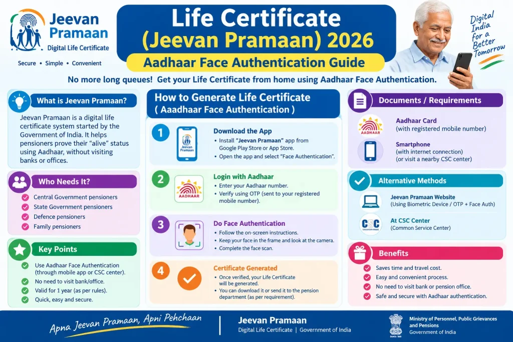 Jeevan Pramaan 2026 infographic showing the Aadhaar face authentication process for digital life certificate submission.