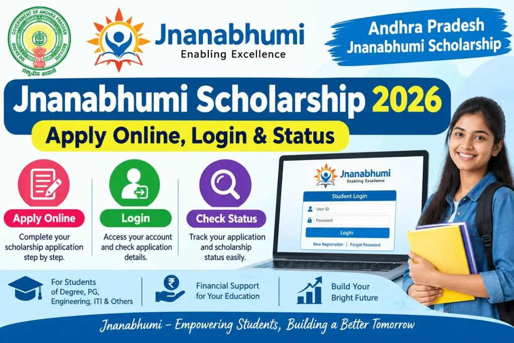 Jnanabhumi Scholarship 2026 guide showing online application, student login, and scholarship status check.