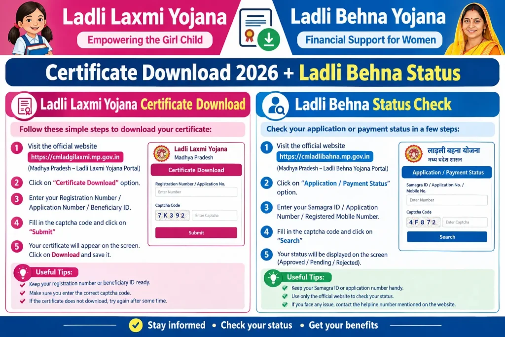 Ladli Laxmi Yojana certificate download and application status guide 2026