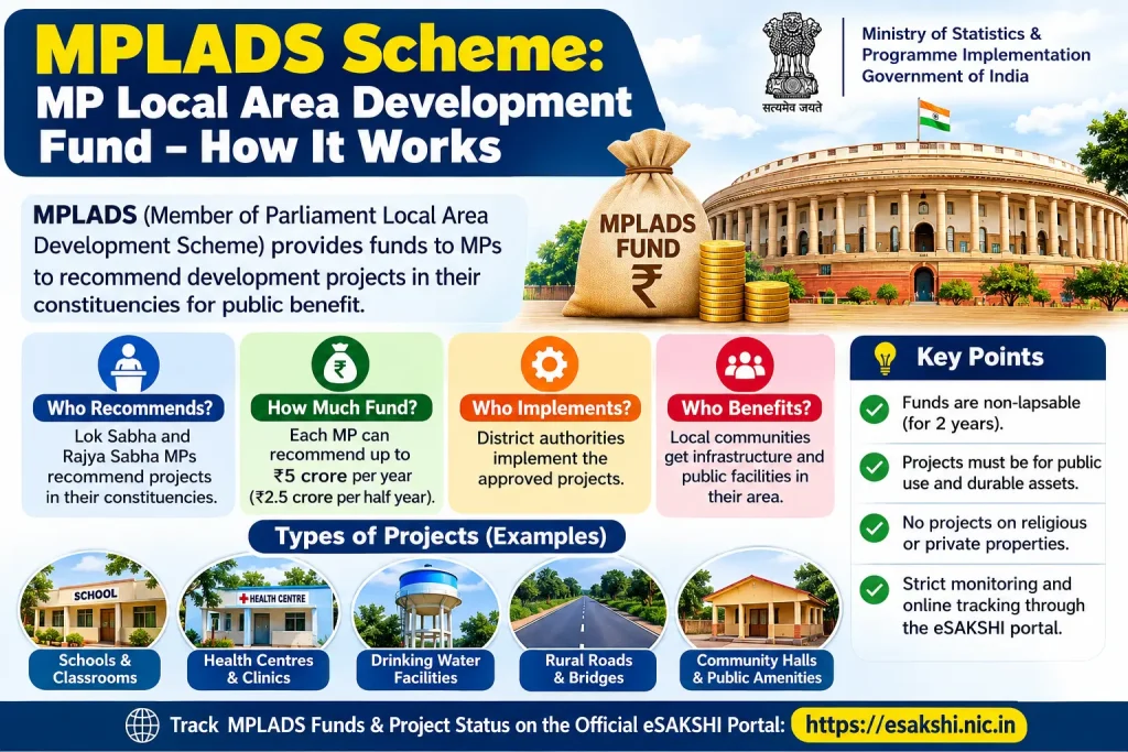 MPLADS Scheme explained with fund allocation, project implementation, benefits, and eSAKSHI portal tracking.