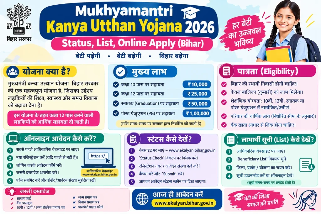 Mukhyamantri Kanya Utthan Yojana 2026 Bihar scholarship status, beneficiary list, and online application guide.