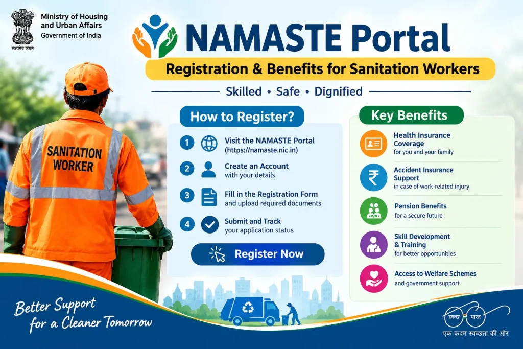 NAMASTE Portal registration guide showing registration steps and benefits for sanitation workers in India.