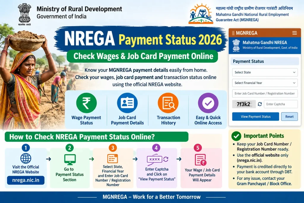 NREGA Payment Status 2026: Check Wages & Job Card Payment Online NREGA Payment Status 2026 infographic showing payment status check and DBT payment details
