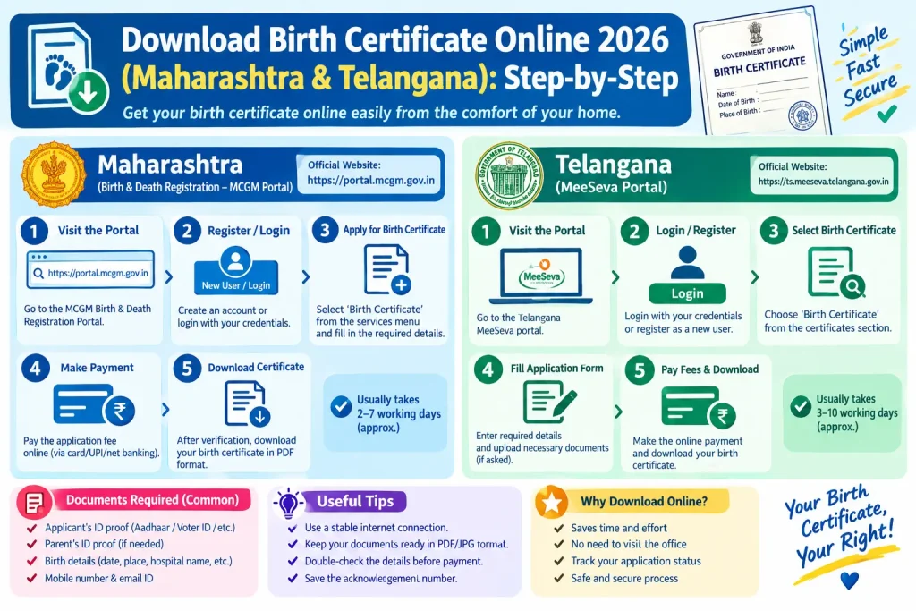 Download birth certificate online 2026 in Maharashtra and Telangana.