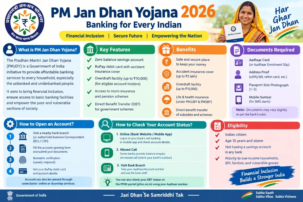 PM Jan Dhan Yojana 2026 account opening, benefits, documents and status