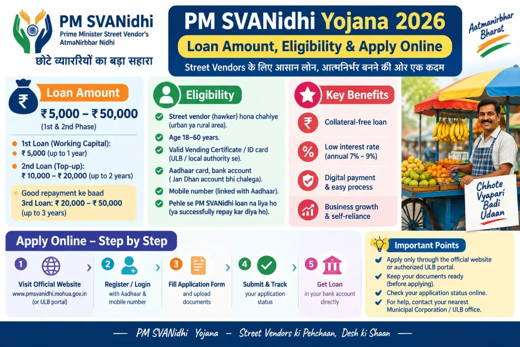 PM SVANidhi Yojana 2026 infographic showing loan amount, eligibility criteria, benefits, and online application process.