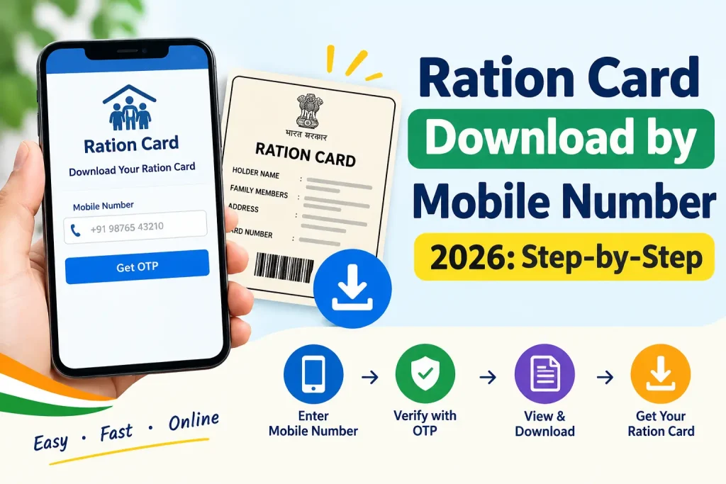 Ration Card Download Step-by-Step Guide 2026 with mobile phone and ration card illustration