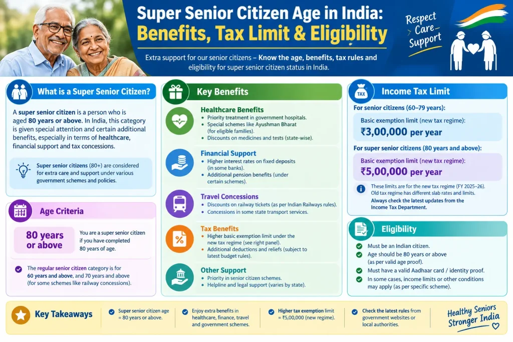 Super Senior Citizen Benefits in India infographic showing age eligibility, tax exemption limits, benefits, and eligibility criteria for citizens aged 80 and above.