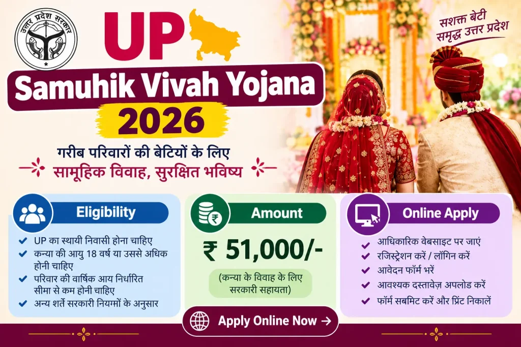 UP Samuhik Vivah Yojana 2026 infographic showing eligibility criteria, ₹51,000 marriage assistance, and online application steps.