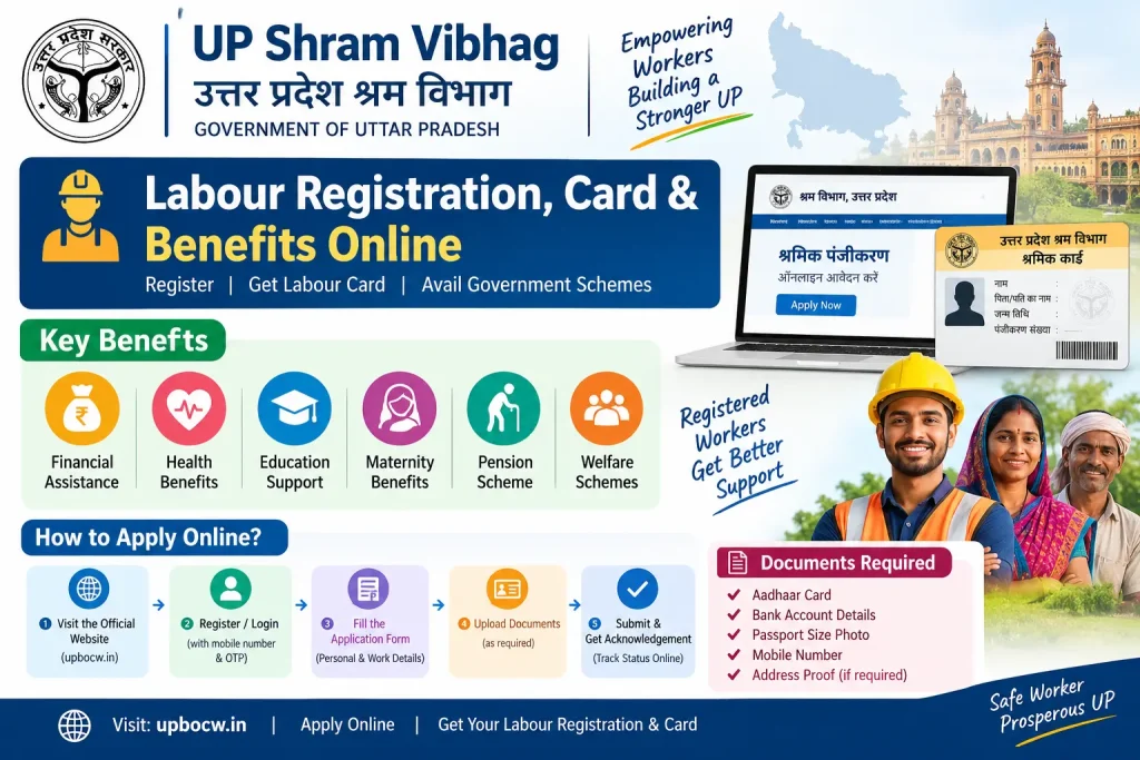 UP Shram Vibhag: Labour Registration, Card & Benefits Online UP Shram Vibhag Labour Benefits Guide for workers in Uttar Pradesh.