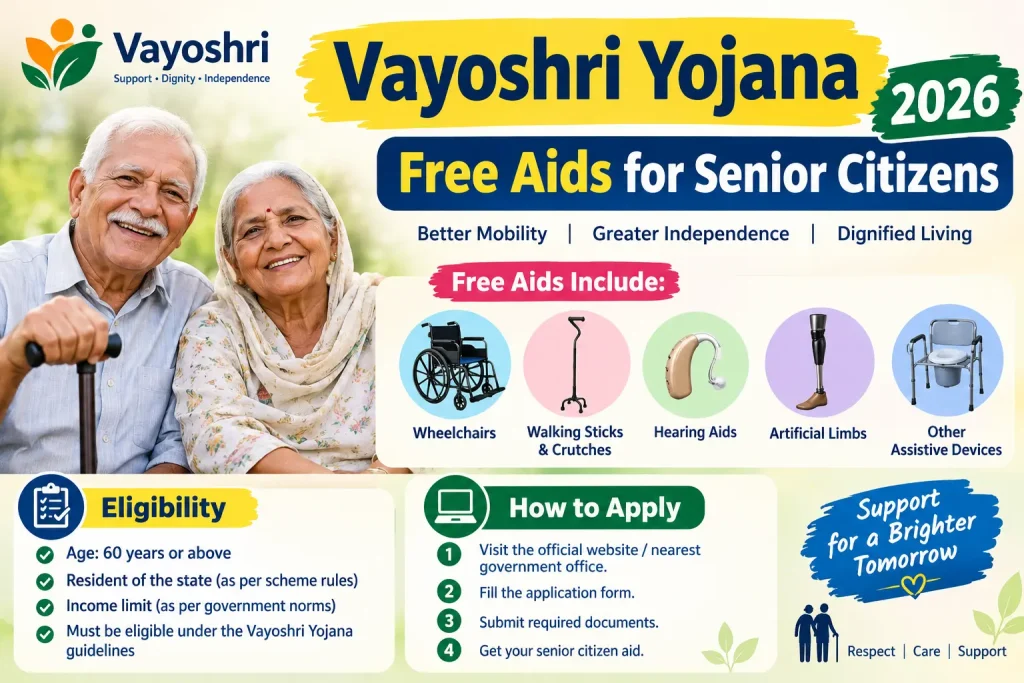 Vayoshri Yojana 2026 senior citizen support guide showing free assistive aids and eligibility information.