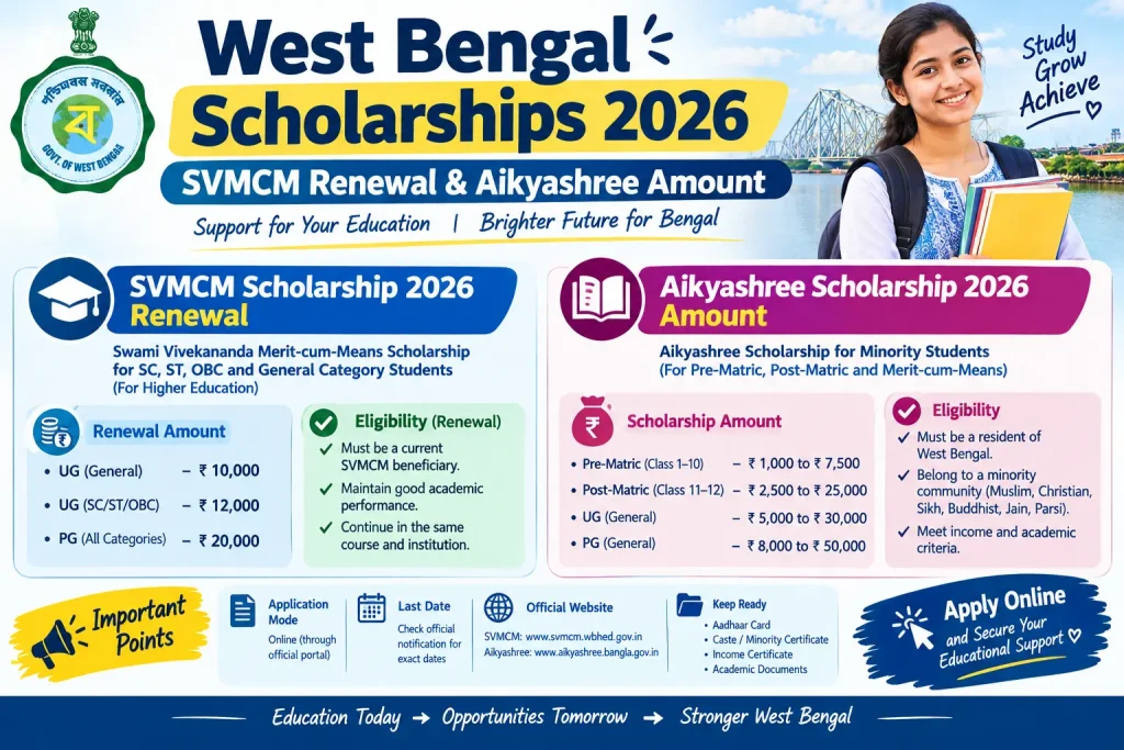 West Bengal Scholarships 2026 infographic showing SVMCM renewal and Aikyashree scholarship amounts.