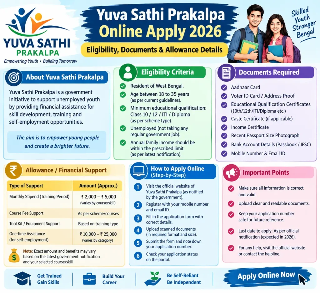 Yuva Sathi Prakalpa Online Apply 2026 guide showing eligibility criteria, required documents, allowance details, and online application steps.